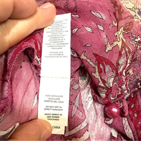 Stefanel VTG Y2K Silk Sheer Paisley Blouse Lace Trim Pearl Romantic Whimsical S - Picture 9 of 11